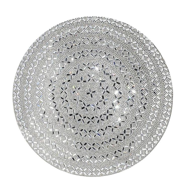 Round silver velvet pillow featuring intricate patterns of glass stones and a plush texture measuring 15 inches in diameter.