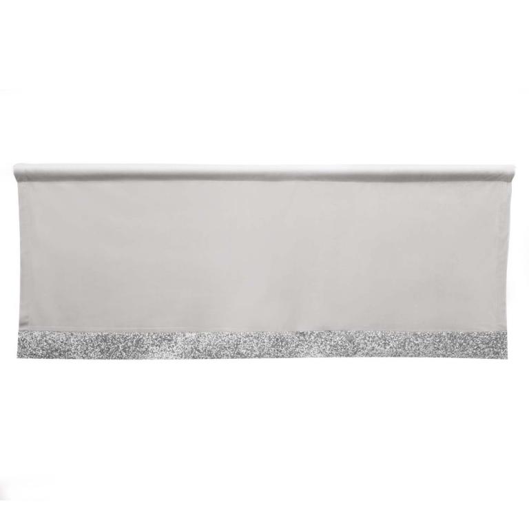 A light gray velvet valance with a silver rhinestone trim along the bottom edge measuring 18"x50".