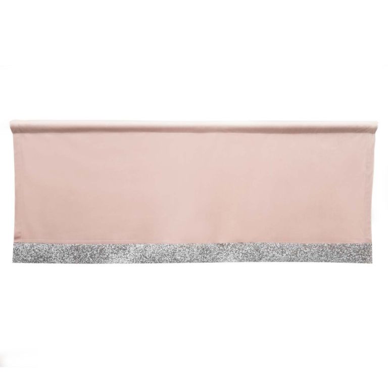 Blush velvet valance with a silver rhinestone trim at the bottom rectangular shape smooth texture.