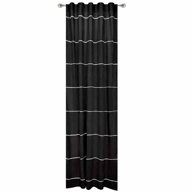 Black velvet curtain panel with horizontal rhinestone trim featuring a smooth texture and a flowing design.