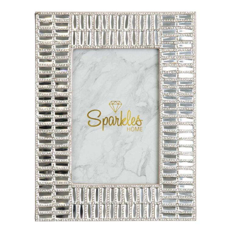 Rectangular silver picture frame with mirrored and rhinestone embellishments displaying a marble-patterned background.