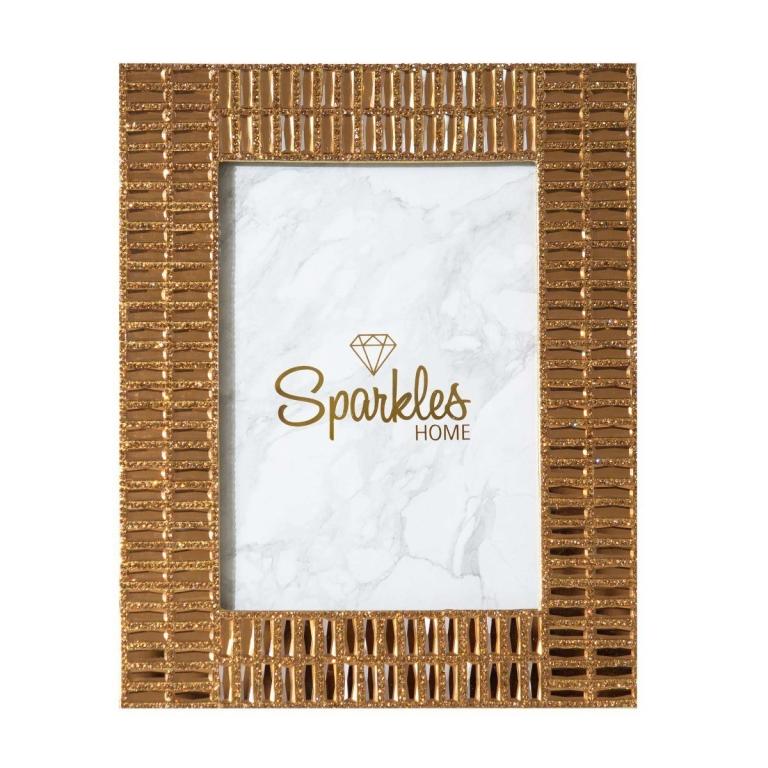 Gold rectangular picture frame with textured surface and crystal embellishments featuring a marble-patterned background.