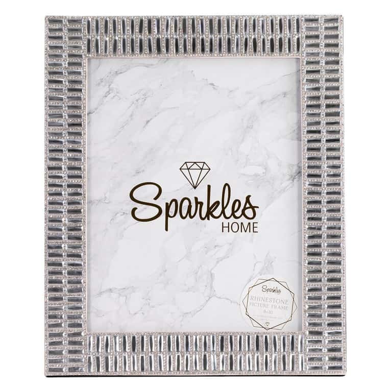 Silver rectangular picture frame with rhinestone embellishments and a marble-patterned background designed for 8x10 photos.
