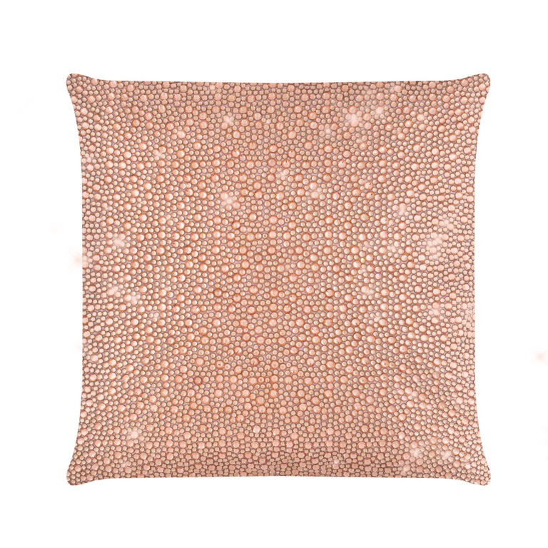Pink square pillow covered in shimmering rhinestones on soft velvet fabric measuring 16"x16".
