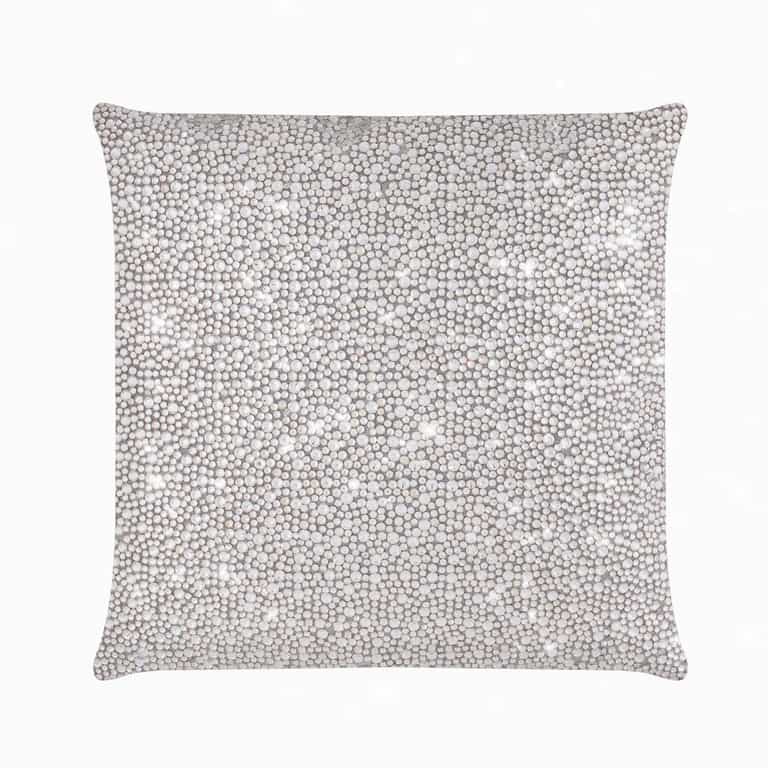 Silver square pillow covered in shimmering rhinestones on soft velvet fabric measuring 16"x16".