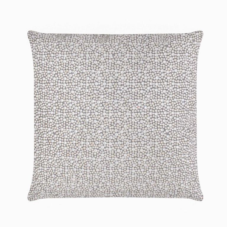 Silver square pillow covered in shimmering rhinestones on soft velvet fabric measuring 16"x16".