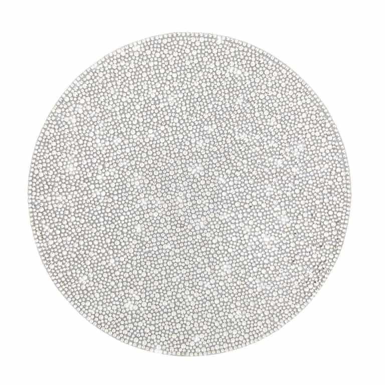 Silver rhinestone placemat with a dense sparkling crystal pattern and round shape