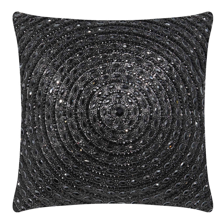 Black velvet pillow with large glass rhinestones arranged in a spiral pattern plush texture 16"x16" size.