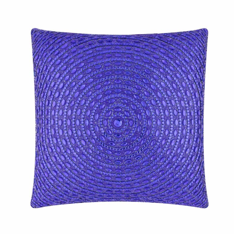 plush square pillow in deep blue velvet with circular patterns of large glass rhinestones.