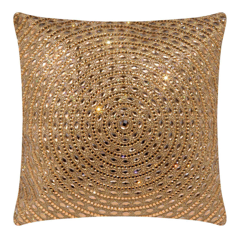 Gold velvet pillow with large glass rhinestones arranged in a circular pattern featuring a plush texture and 16"x16" size.