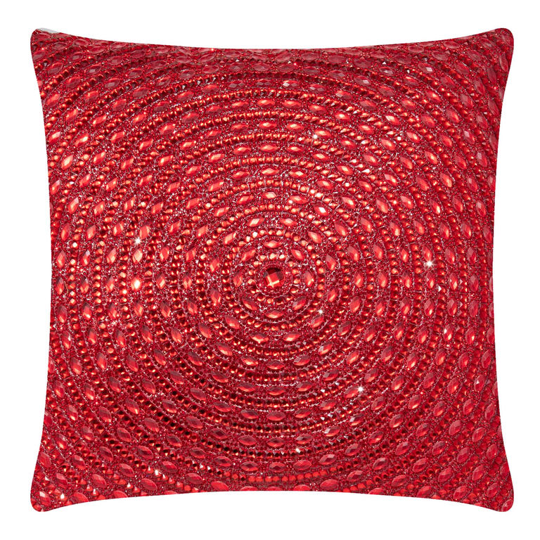 Red velvet pillow adorned with large glass rhinestones arranged in a spiral pattern plush 16"x16" size.