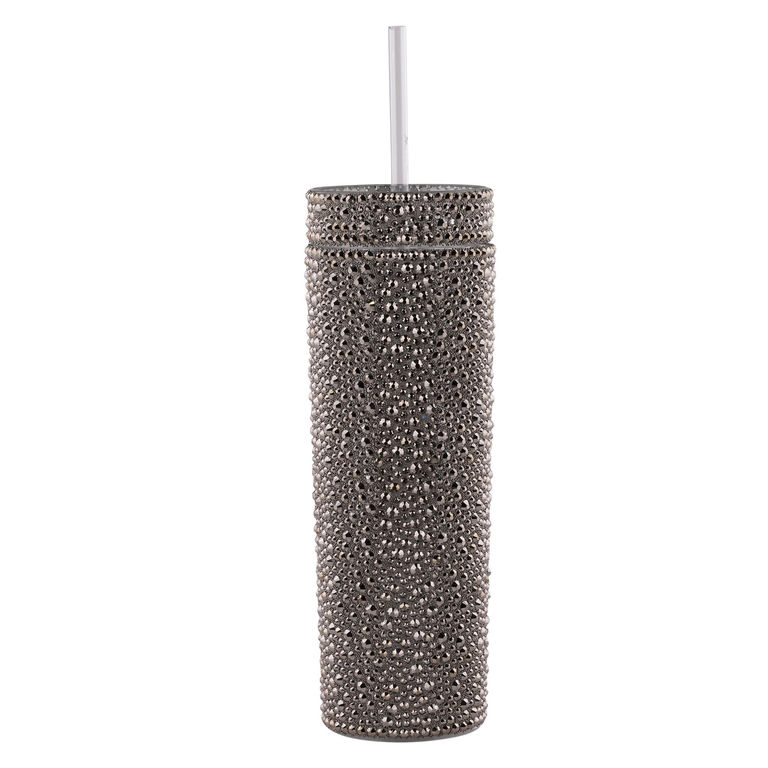 A tall charcoal tumbler covered in rhinestones with a clear plastic straw and smooth surface texture.