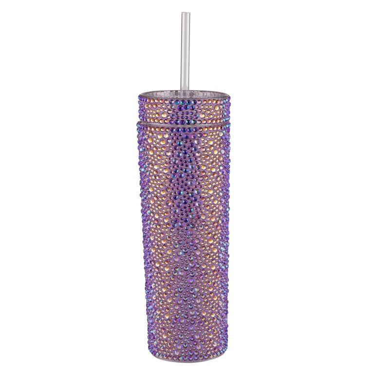 A tall lavender tumbler covered in iridescent rhinestones with a clear straw and a smooth metallic finish.