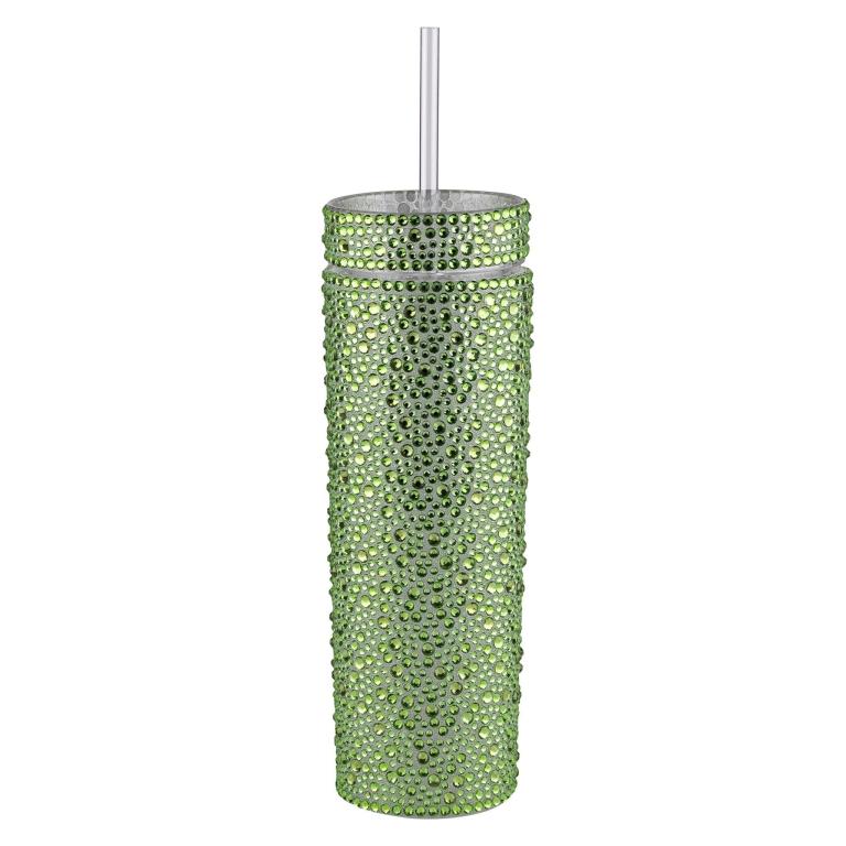 Lime green tumbler covered in rhinestones with a clear straw and a smooth metallic finish.