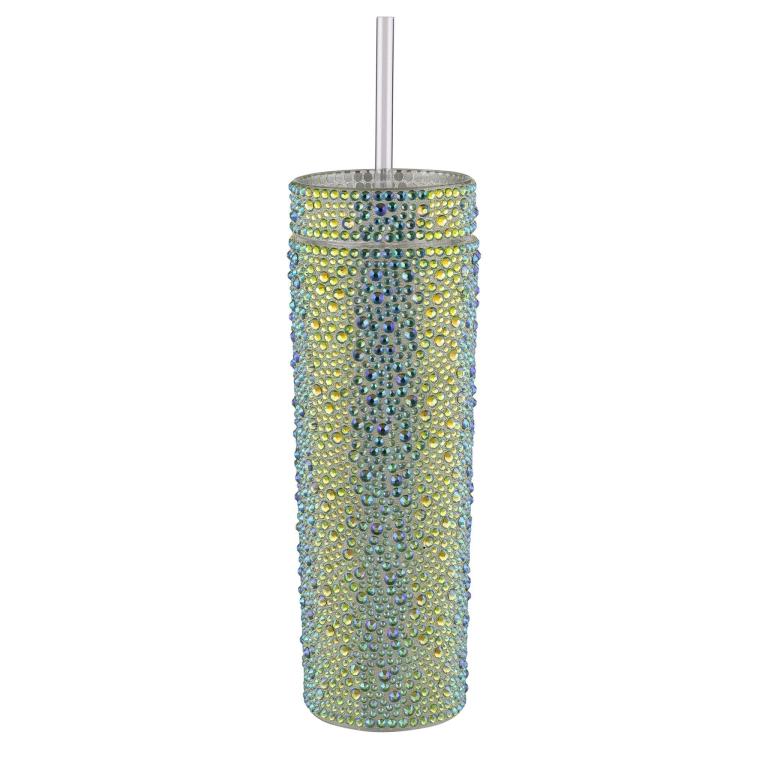 Lime iridescent tumbler covered in rhinestones with a clear straw cylindrical shape and textured surface.