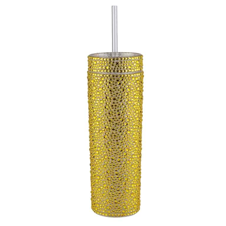 Yellow tumbler covered in rhinestones with a silver straw cylindrical shape smooth texture and a shiny finish.