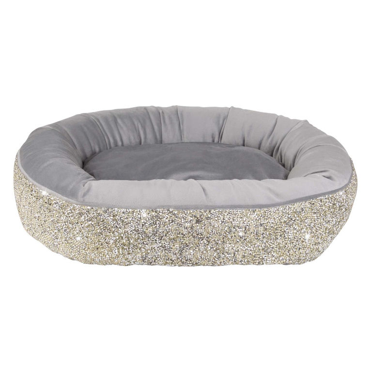 Round pet bed with a plush gray velvet interior and a sparkling silver rhinestone exterior measuring 18"x20".