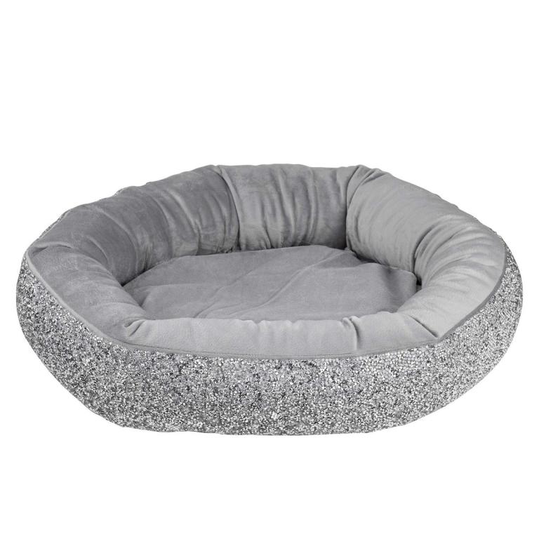 Round pet bed with a plush gray velvet interior and a sparkling silver rhinestone exterior measuring 18"x20".