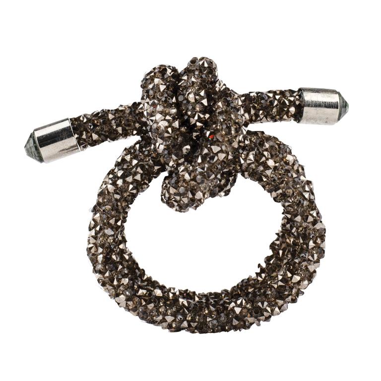 Charcoal wire knot napkin ring adorned with sparkling rhinestones and metallic end caps featuring a textured surface.