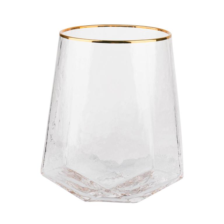 Clear glass drinking vessel with a pebbled texture and a gold rim featuring a hexagonal shape and smooth edges.