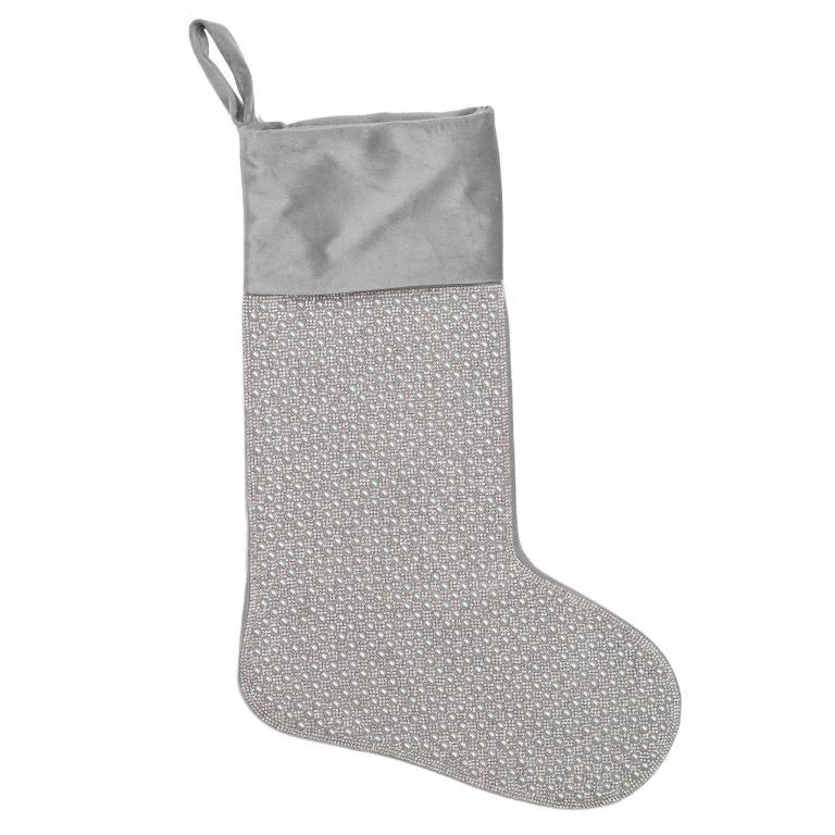 Silver velvet stocking with a plush top adorned with faux pearls and glass crystals in a patterned design.