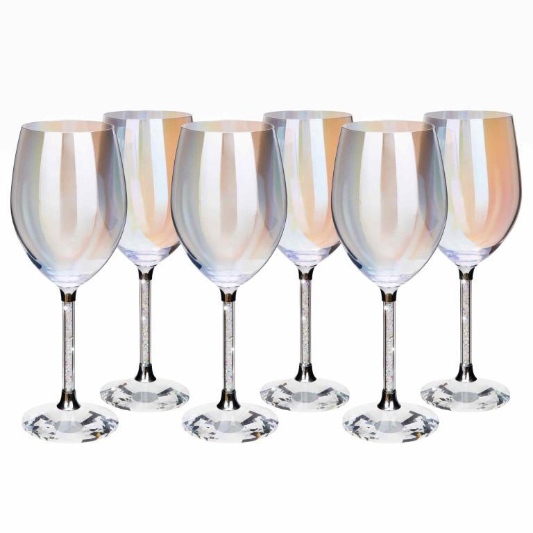 Iridescent wine glass with a faceted bowl crystal-filled stem and a light-reflecting base featuring a clear smooth texture.