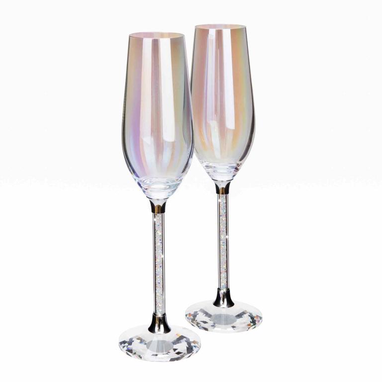 Clear toasting flute with an iridescent finish crystal-filled stem and a faceted base.