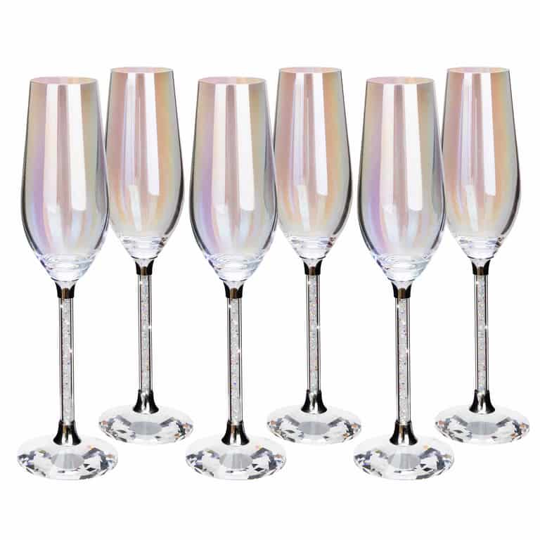 Clear toasting flute with an iridescent finish crystal-filled stem and a faceted base.