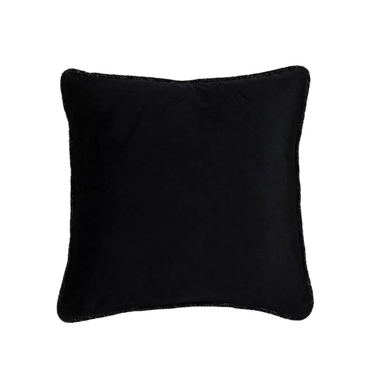 Black velvet pillow with a sparkling rhinestone trim square shape plush texture and soft edges.