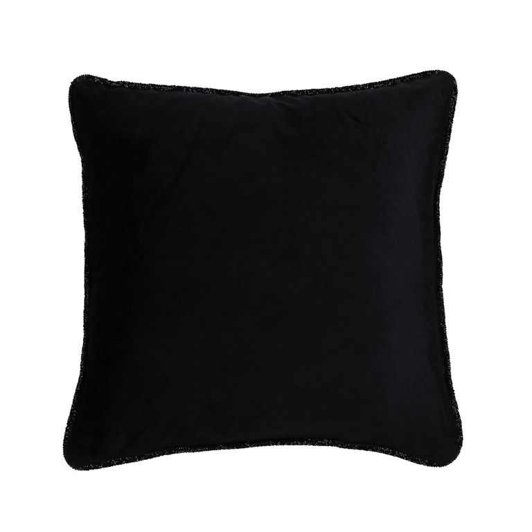 Black velvet square pillow with sparkling rhinestone trim along the edges.