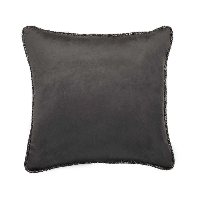 Charcoal&#x20;velvet&#x20;pillow&#x20;with&#x20;a&#x20;sparkling&#x20;rhinestone&#x20;trim&#x20;along&#x20;the&#x20;edges&#x20;square&#x20;shape&#x20;smooth&#x20;texture.