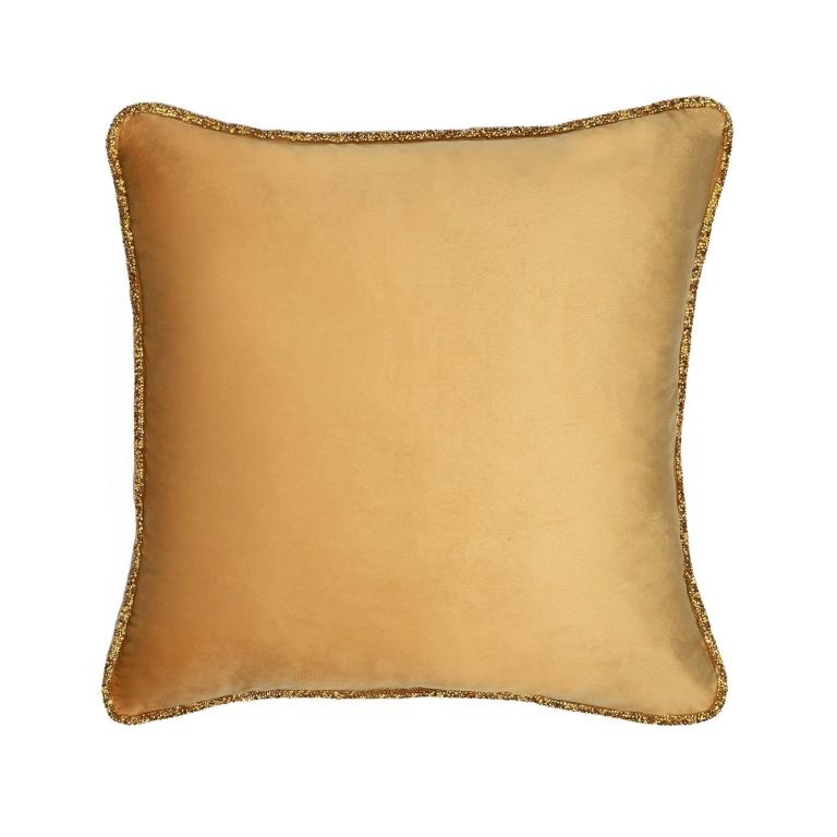 Gold velvet pillow with a sparkling rhinestone trim square shape plush texture and a smooth surface.