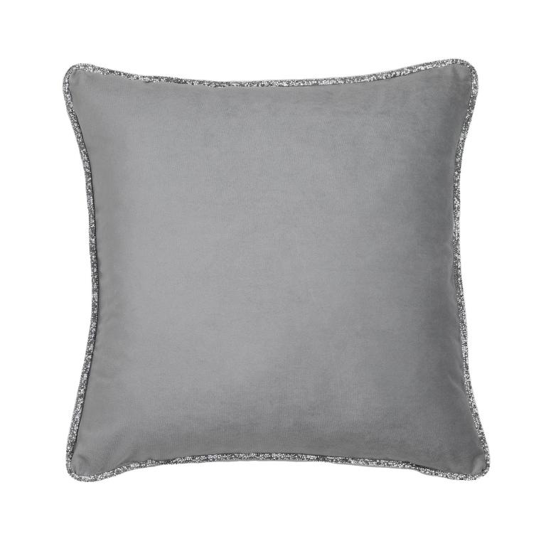 Silver velvet pillow with a sparkling rhinestone trim and a plush appearance featuring a smooth soft texture.