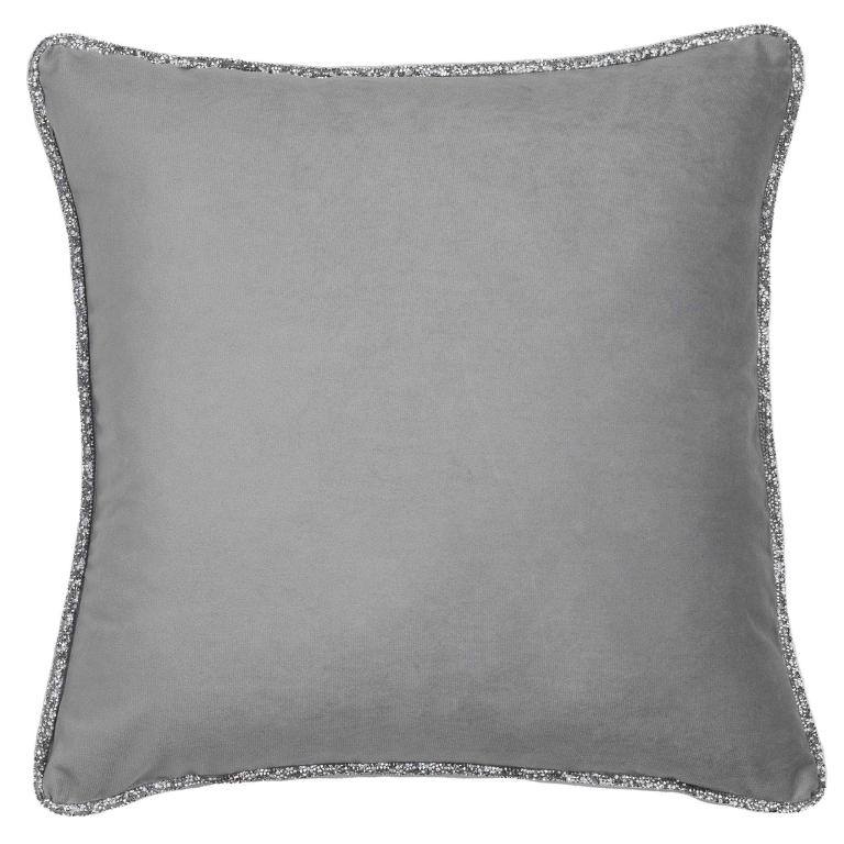 Silver velvet pillow with a sparkling rhinestone trim square shape and plush texture measuring 24 inches by 24 inches.