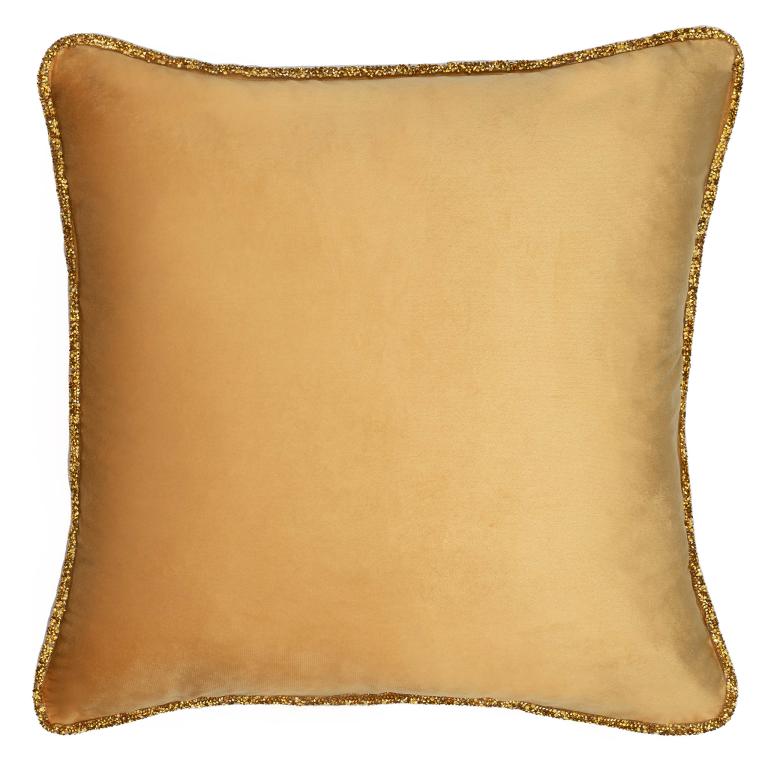 Square&#x20;golden&#x20;velvet&#x20;pillow&#x20;with&#x20;a&#x20;sparkling&#x20;gold&#x20;rhinestone&#x20;trim&#x20;along&#x20;the&#x20;edges.