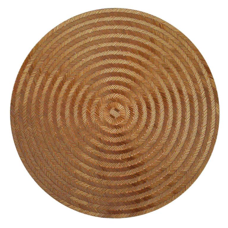 Round gold placemat with glass bead chevron patterns 15" diameter featuring a textured surface and felt backing.