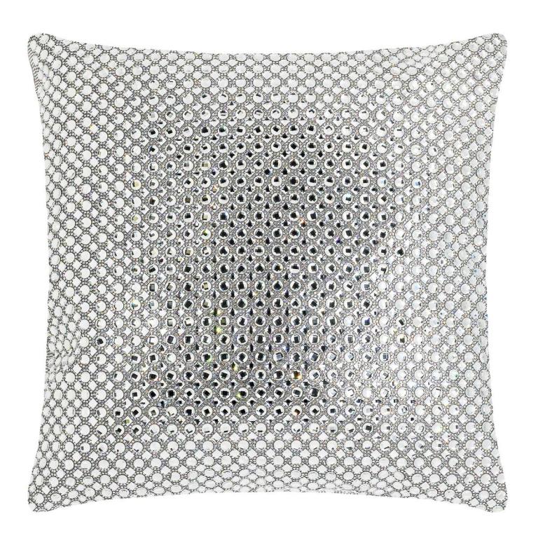 Square pillow covered in silver rhinestones with a textured reflective surface and a white backing.