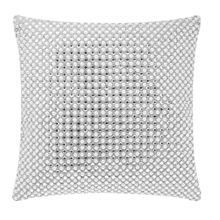 Square pillow covered in silver rhinestones and faux pearls with a textured shimmering surface.