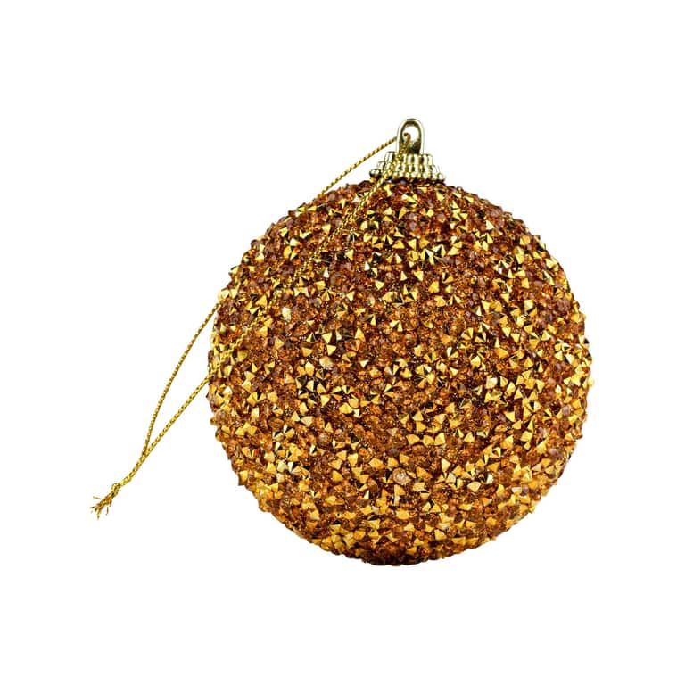 Gold glass ornament covered in rhinestones round shape with a shiny texture and a gold hanging loop at the top.
