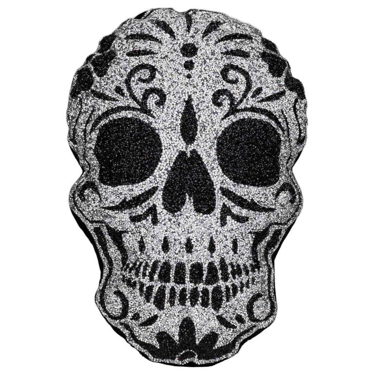 A&#x20;glittery&#x20;silver&#x20;sugar&#x20;skull&#x20;pillow&#x20;with&#x20;black&#x20;floral&#x20;designs&#x20;and&#x20;plush&#x20;texture&#x20;featuring&#x20;rhinestone&#x20;embellishments.