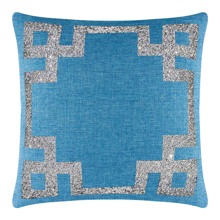 Aqua pillow with a textured fabric featuring a silver rhinestone Greek Key border and a smooth center.