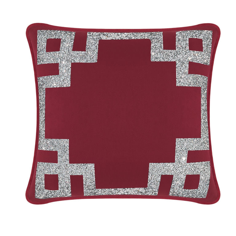 Burgundy velvet pillow with silver rhinestone Greek Key border square shape soft texture 16"x16" size.