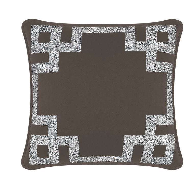 Charcoal velvet pillow with silver rhinestone Greek Key border square shape soft texture 16"x16" size.