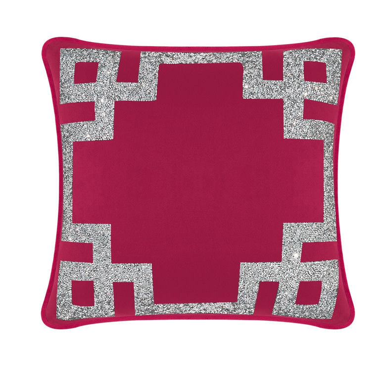 Fuchsia velvet pillow with silver rhinestone Greek Key border soft texture 16"x16" size square shape.