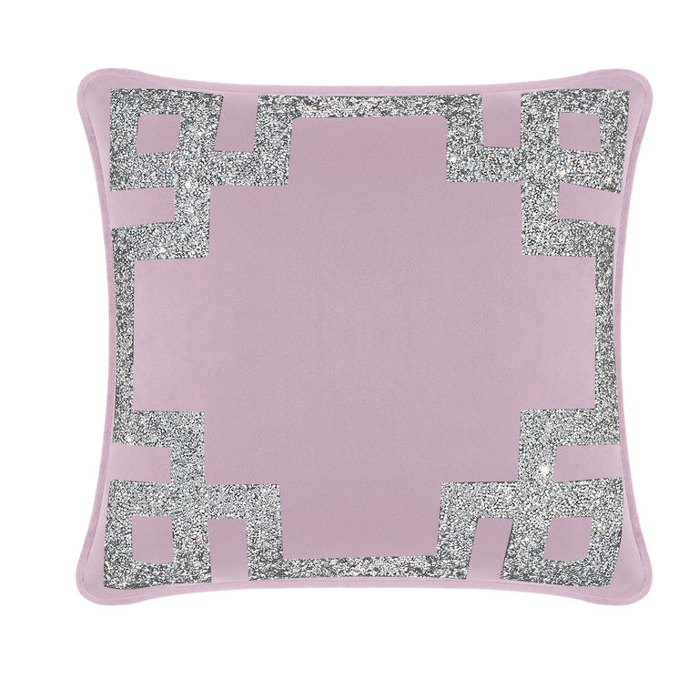 Lavender velvet pillow with a silver rhinestone Greek Key border square shape soft texture 16"x16" size.