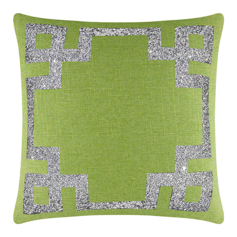 Lime green pillow with a textured surface and silver rhinestone Greek Key border measuring 16"x16".