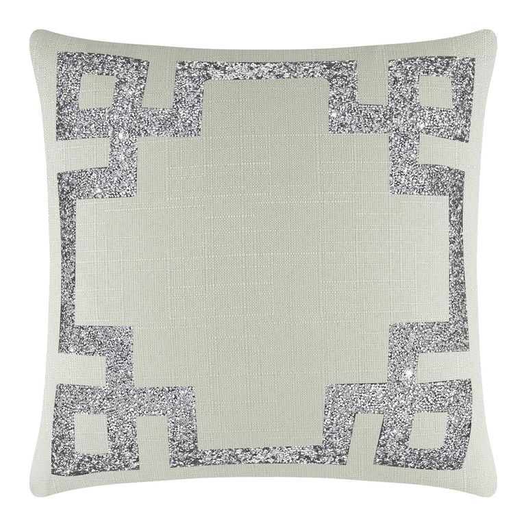Linen pillow in soft green with silver rhinestone Greek Key border featuring a textured surface and square shape 16"x16".