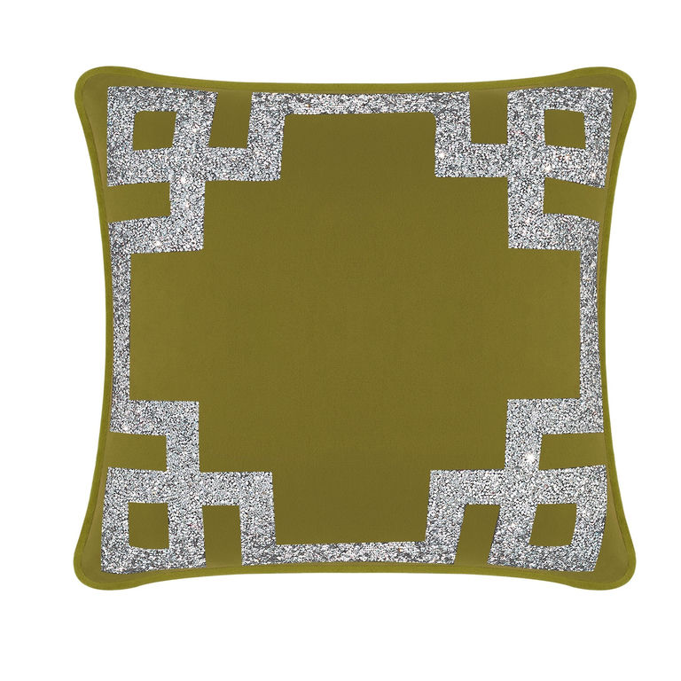 Olive&#x20;velvet&#x20;pillow&#x20;with&#x20;silver&#x20;rhinestone&#x20;Greek&#x20;Key&#x20;border&#x20;16&quot;x16&quot;&#x20;square&#x20;shape&#x20;soft&#x20;texture&#x20;and&#x20;elegant&#x20;design.