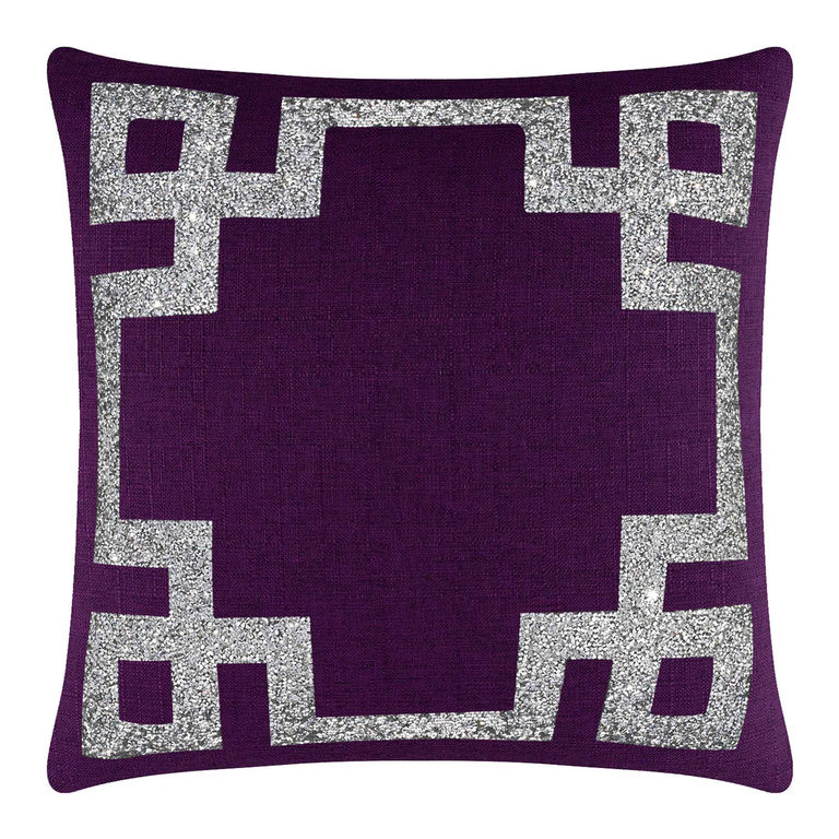 Purple pillow featuring a Greek Key motif with a silver rhinestone border soft texture and square shape measuring 16"x16".