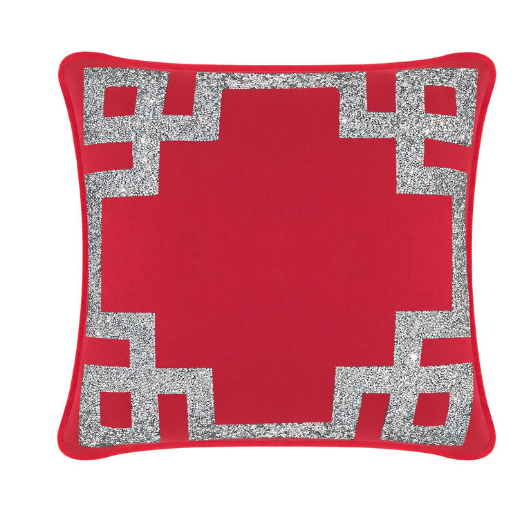 Red velvet pillow featuring a Greek Key motif with a silver rhinestone border soft texture and 16"x16" size.